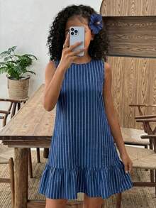 SHEIN Vestido casual de línea A sin mangas con parches a rayas azules y blancas para niña preadolescente, vestido de vacaciones - Azul - Ver 9