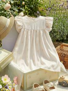 SHEIN 法国新款女婴幼儿/新生儿0-3岁春夏浅米色休闲百搭可爱甜美趣味小熊印花短袖连衣裙，适合外出穿着 - 米色 - 查看 4