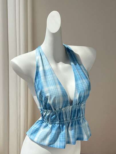 Elamini Women's Deep V-Neck Halter Backless Plaid Tank Top, Summer