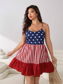SHEIN EZwear 大码女式休闲美国国旗印花无袖连衣裙，夏季 - 彩色 - 查看 5
