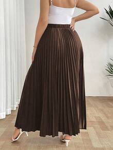 SHEIN Tall CURVE 优雅休闲度假女士宽松百褶裙，松紧腰设计，黑色，大码 - 咖啡棕 - 查看 2