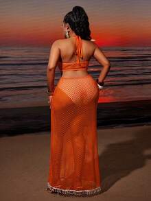 Maweii Sexy Backless Hollow See-Through Beach Gym Vacation Spaghetti Strap Dress With Pearl Trim For Women Brown Summer - Coral Orange - View 3