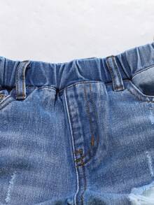 Boys' Summer Denim Shorts,Fashionable Street Style Light Blue Washed Distressed Ripped Details,Elastic Waistband Versatile Fit New Casual Jean Shorts - Dark Wash - View 5