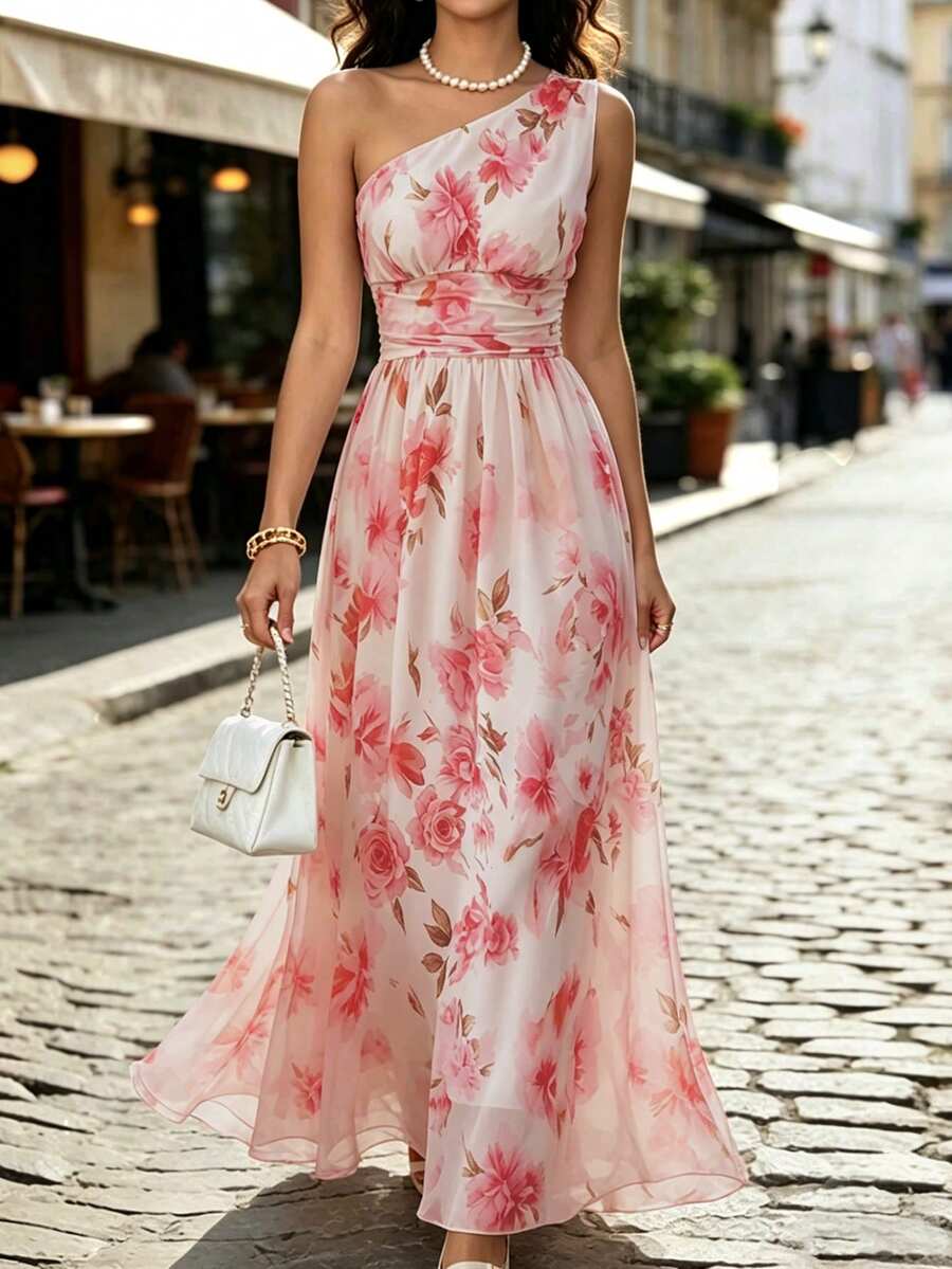 Balvessa Đầm nữ thanh lịch màu hồng in hoa, kiểu dáng bất đối xứng, vai lệch và eo thắt, thích hợp cho mùa xuân/hè. - Hồng - Xem 1