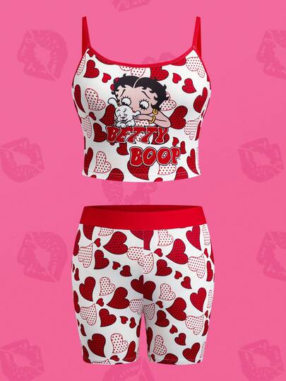 Betty Boop x SHEIN 大码女式爱心印花吊带背心和短裤两件套，
