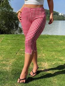 SHEIN EZwear Plus Size Summer Casual Plaid Split Hem Cropped Leggings - Black - View 2