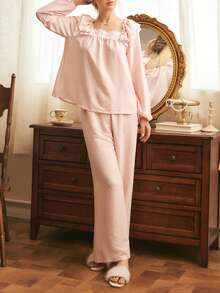 Côtesoire Romantic Fresh Elegant Contrast Color Lace Patchwork Ruffle Hem Palace Style Simple Women Pajama Set - Baby Pink - View 3
