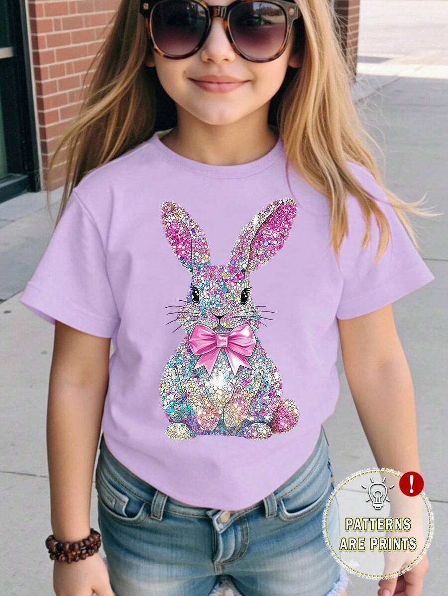 Elladie kids Girls' Casual Cute Rabbit & Butterfly Print Short Sleeve T-Shirt, Comfortable Basic Tee For Spring, Summer And Autumn - Purple - View 1