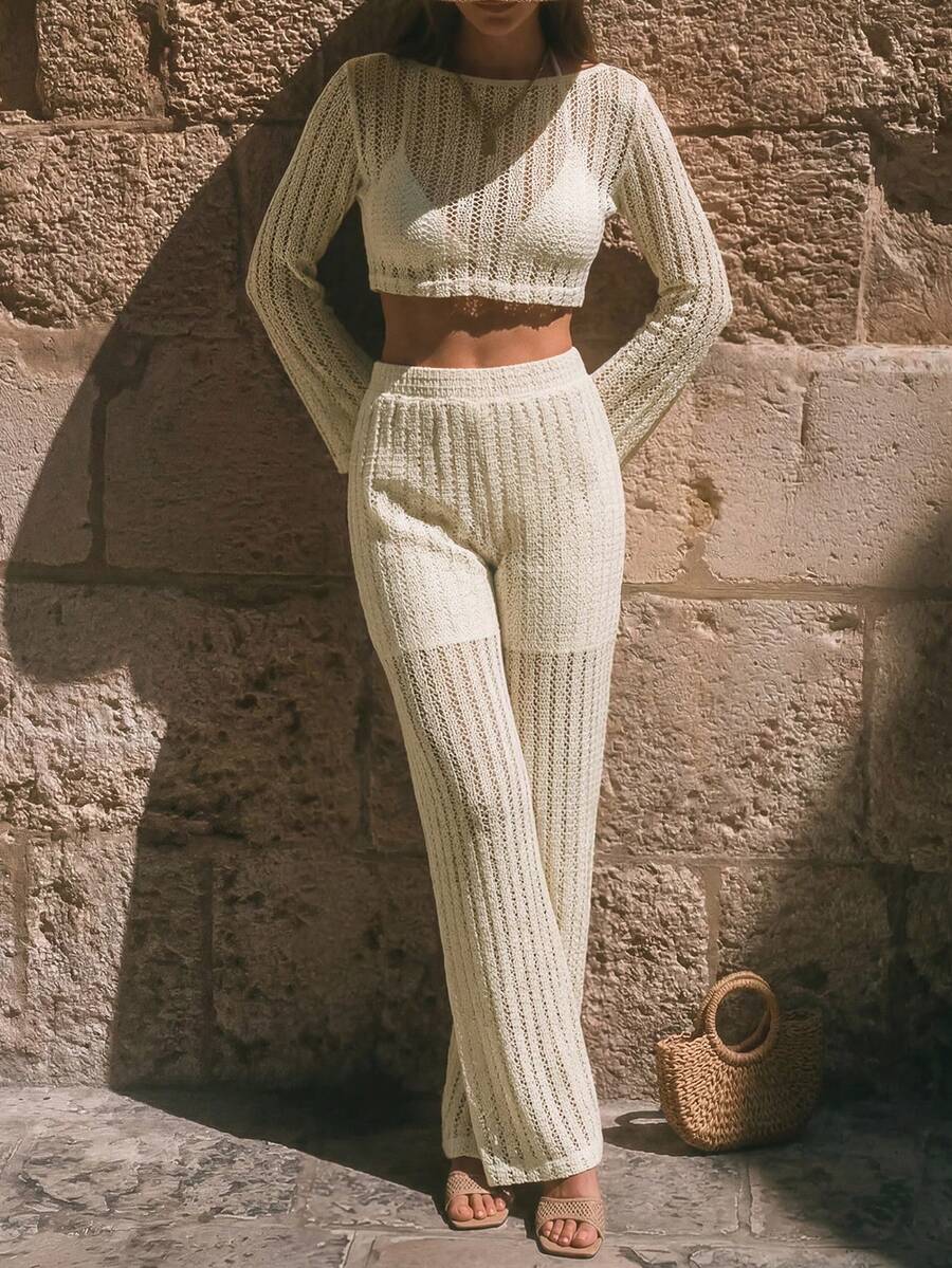 EURMUSE Flare Sleeve Crop Top & Cream Crochet Knit Set – High Waist Wide Leg Pants With Gold Accessory - Beige - View 1