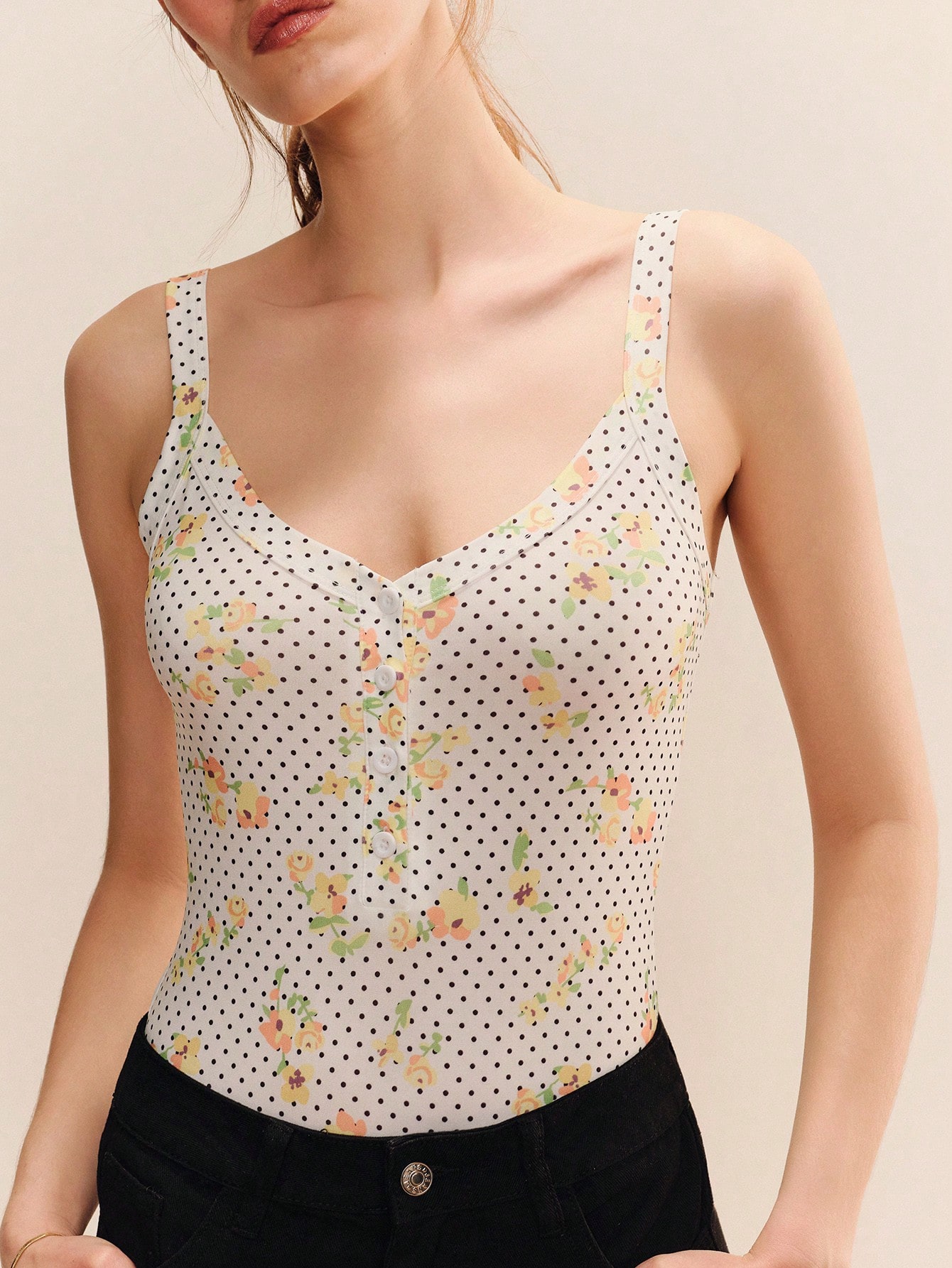 Black Jersey Bodysuit With A Floral Print, V-Neckline And A Buttoned Front Opening Cute Polkadot Bodysuit