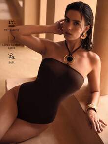 MOTF PREMIUM Eleganter, einteiliger Badeanzug mit Neckholder von Metal Decor im Bohemian-Stil für Damen, perfekt für den Strand, Cut-Out - Braun - Übersicht 1
