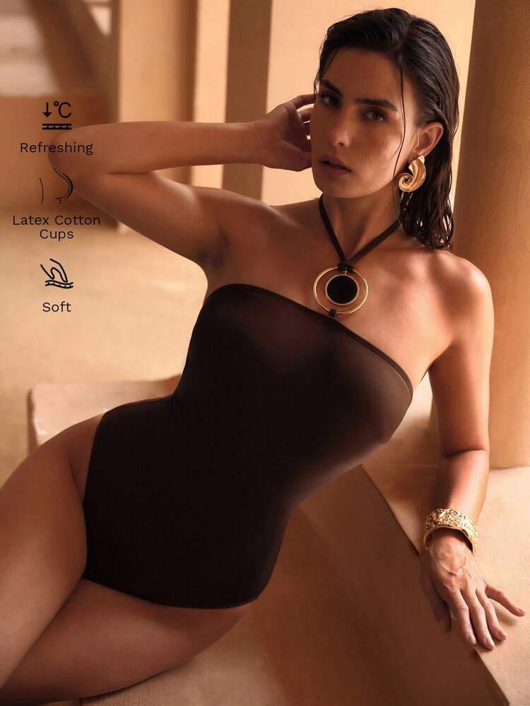 HOLLOW METAL DECOR ELEGANT HALTER ONE-PIECE SWIMSUIT FOR WOMEN, BOHEMIAN STYLE FOR BEACH