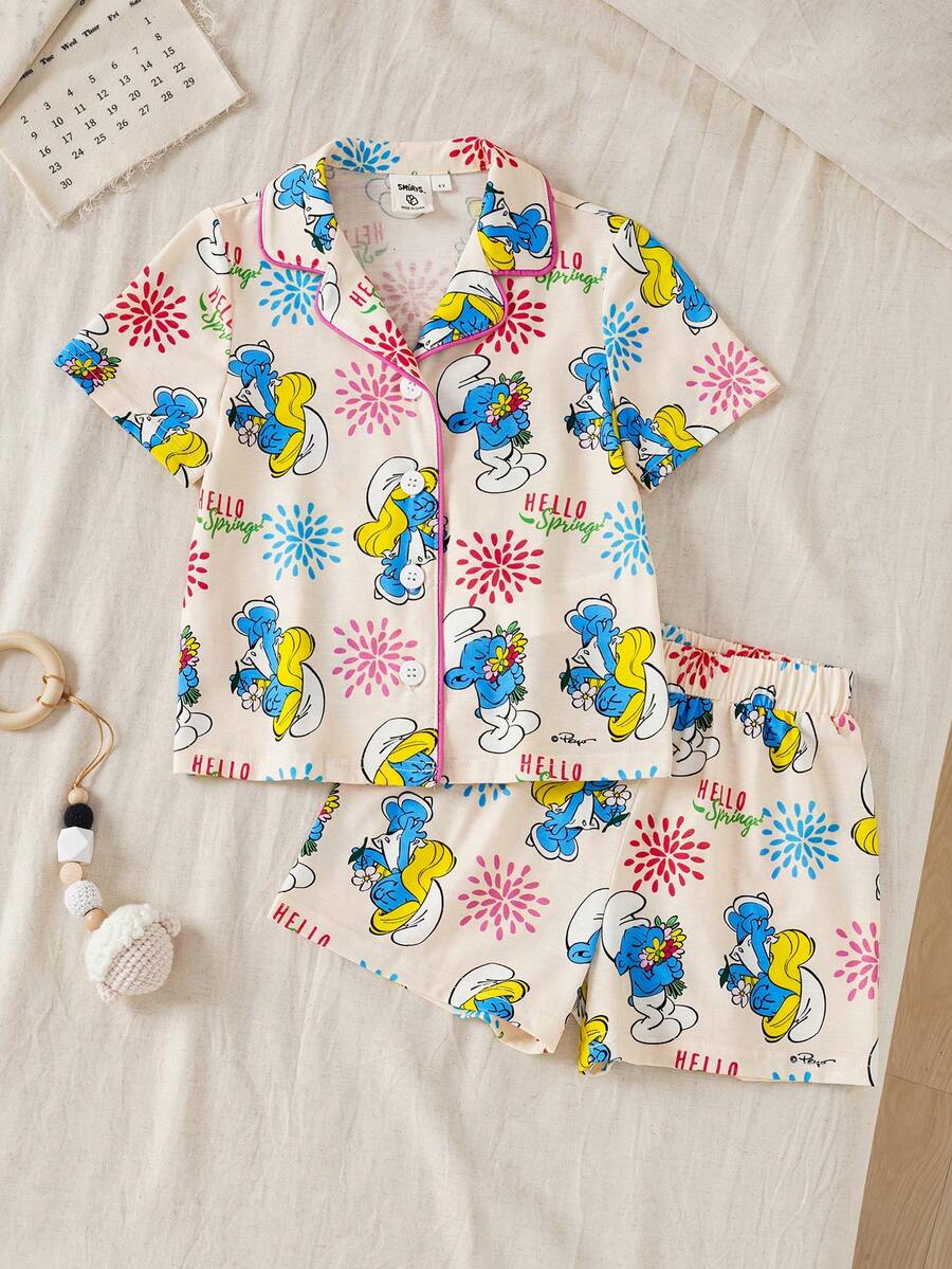 SHEIN X The Smurfs 女童字母卡通印花纽扣短袖上衣和短裤休闲家居服套装 - 杏色 - 查看 1