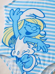 SHEIN X The Smurfs Bộ đồ bơi liền thân in hình hoạt hình kẻ sọc dành cho bé gái, thích hợp cho kỳ nghỉ biển, tiệc bể bơi, tiệc bãi biển. - Xanh và trắng - Xem 4