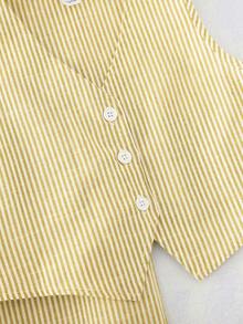 SHEIN LMoss Kids 少女优雅时尚条纹撞色无袖套装 - 黃色 - 查看 5