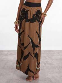SHEIN Maija Bộ kimono và chân váy in họa tiết thường ngày dành cho nữ, thích hợp cho kỳ nghỉ hè. - Màu Khaki - Xem 1