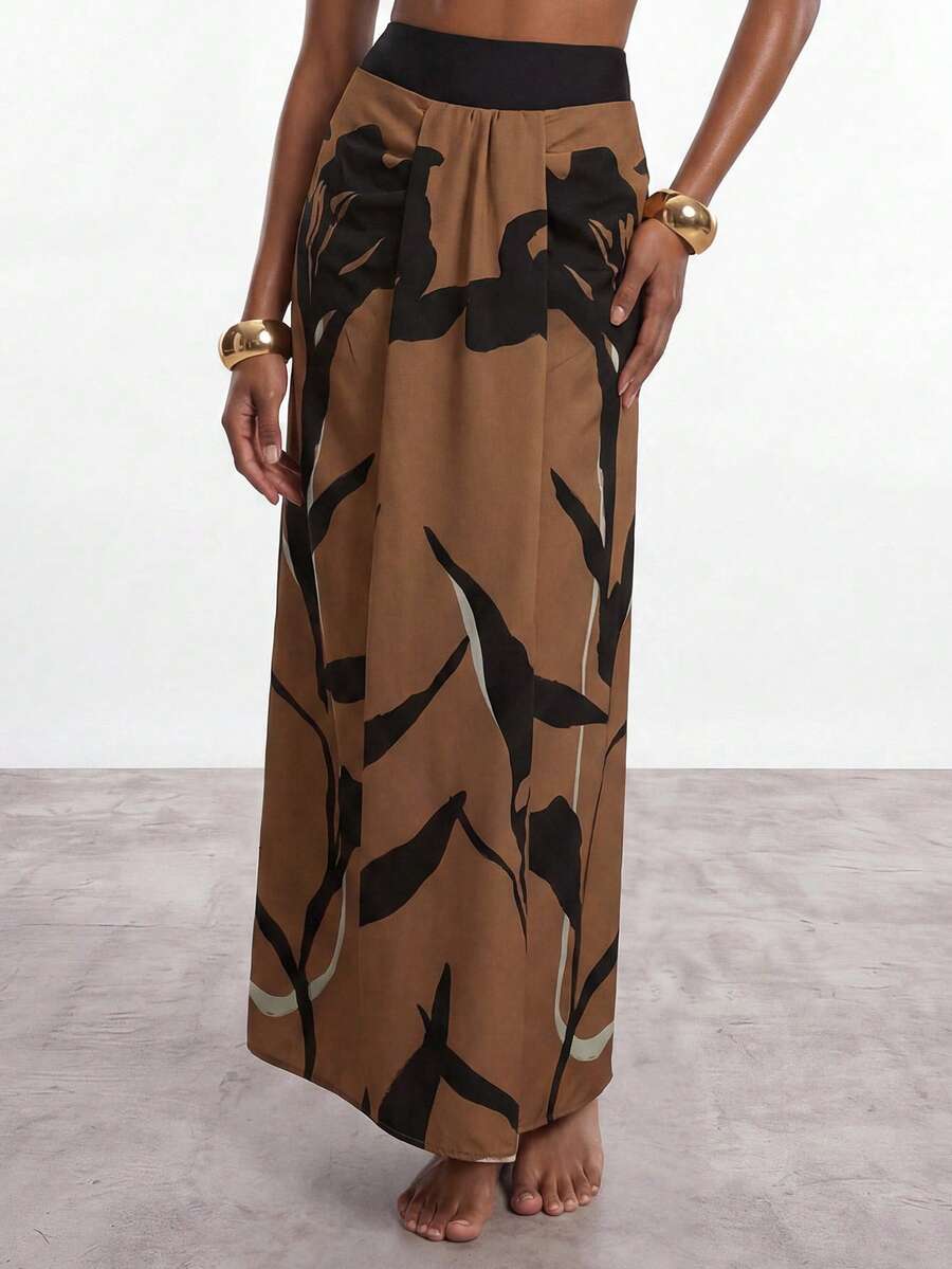 SHEIN Maija Bộ kimono và chân váy in họa tiết thường ngày dành cho nữ, thích hợp cho kỳ nghỉ hè. - Màu Khaki - Xem 1