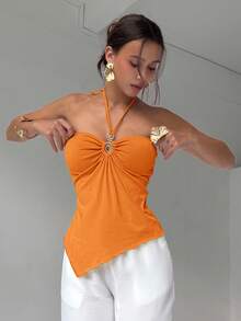 Aloruh 女士纯色金属装饰休闲百搭日常上衣 - 橘色 - 查看 4
