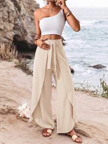 SHEIN Holidaya Women's Elegant Casual Solid Color Summer Vacation Home Daily Wear Fashion Design Split Wide Leg Pants - Apricot - View 4