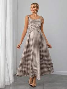 Momance 夏季通勤百搭简约优雅格子无袖连衣裙，松紧腰带显瘦系带连衣裙，孕妇适用 - 彩色 - 查看 4