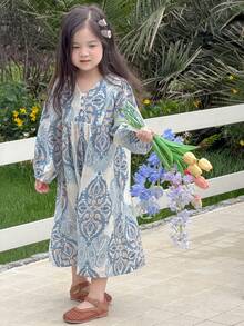 Dazy Kids Retro Print Long Sleeve A-Line Casual Dress For Little Young Girls - Blue - View 2