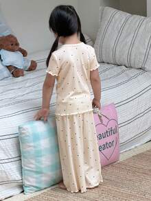 Dazy Kids V領開襟設計圓點印花套裝，年輕女孩夏季居家服 - 白色 - 查看 6