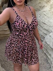 SHEIN Swim Curve 大码女式豹纹连体泳衣，适合海滩度假、泳池派对、沙滩派对 - 彩色 - 查看 6