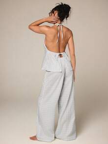 Athîral Women's Plaid Ruched Halter Tie Backless Top And Pants Casual 2-Piece Set Lounge Light Grey Summer - Blue - View 1