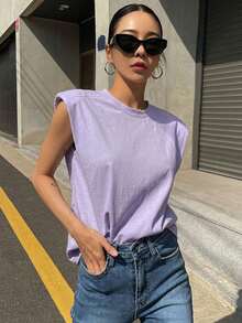 DAZY Summer Casual Solid Color Wide Strap Padded Shoulder T-Shirt Y2K - Purple - View 7