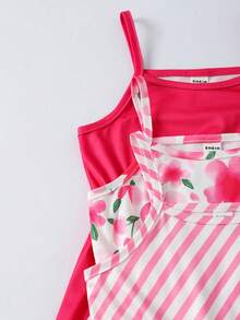SHEIN 3件套女童卡通独角兽冰淇淋印花舒适吊带连衣裙，适合儿童派对、度假、夏季穿着，也可作为姐妹装礼物 - 彩色 - 查看 6