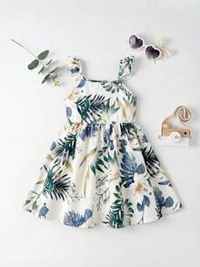 SHEIN 女宝宝可爱夏季度假休闲碎花荷叶袖连衣裙 - 白色 - 查看 4
