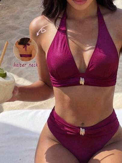 Swim Vcay Conjunto de bikini elegante y sexy de estilo callejero para fiestas y festivales musicales, de color borgoña sólido con detalles de brillo en tela de nailon, con decoración metálica, diseño de escote en V profundo y corte halter dividido, para primavera/verano