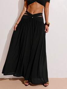 SHEIN BAE Chân váy maxi nữ kiểu dáng bất đối xứng, trang trí kim loại, thích hợp cho các dịp nghỉ dưỡng, ngày Valentine, lễ hội âm nhạc, tụ họp bạn bè, màu đỏ nâu, đi biển. - màu đen - Xem 7