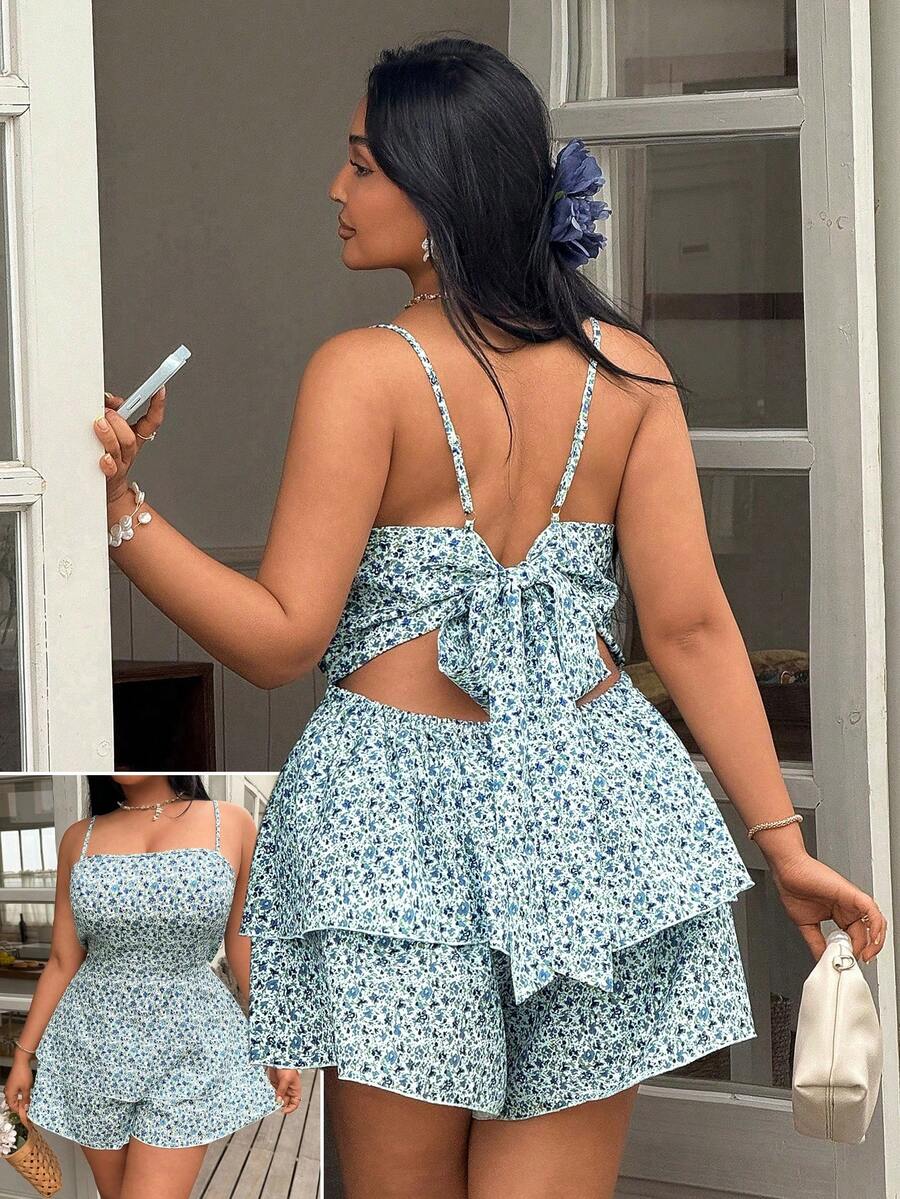 Easura Plus Size Women's Light Blue Spaghetti Strap Ruched Bustier Jumpsuit, Ditsy Floral Bow Tie Back, Elegant Summer Boho Picnic Outfit Vacation Gym - Blue - View 1