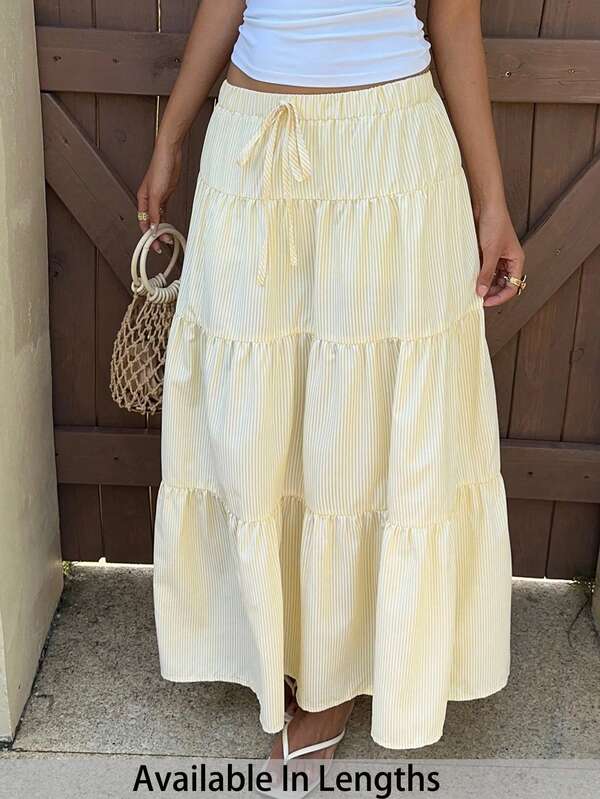 SHEIN PETITE CURVE Plus Size Summer Women Butter Yellow Striped Long Skirt, Women's Vacation Outfits
