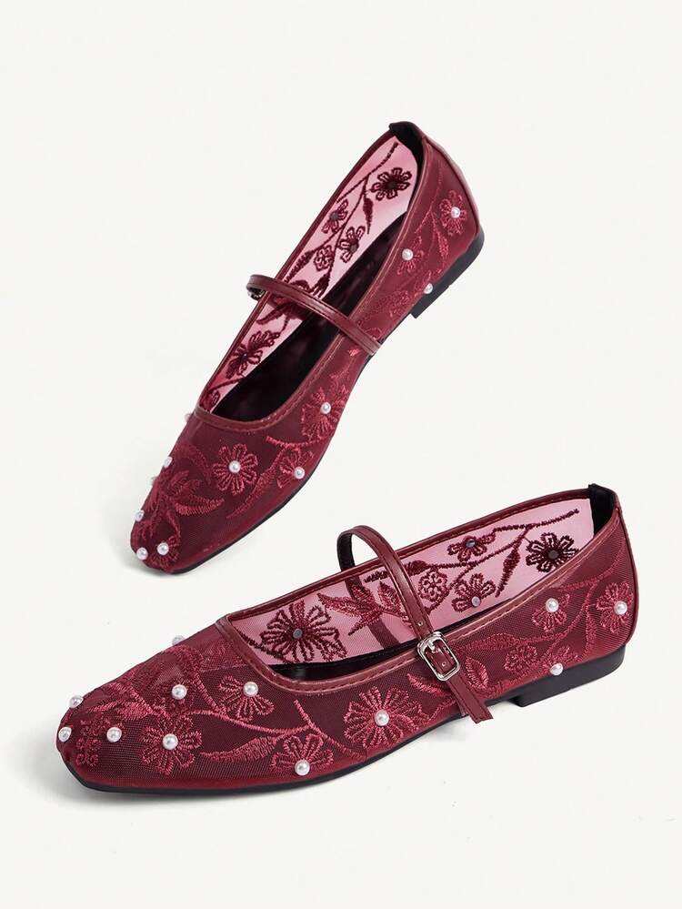 CUCCOO CHICEST Women Shoes Four Seasons New Embroidery Faux Pearl Low Vamp Square Toe Flat Sole Shoes Elegant Elegant Fashion Mesh Women's Flat Shoes Soft Sole Ballet Shoes Elegant Commuter Mary Jane Shoes Wedding Shoes Spring Shoes Bride Shoes