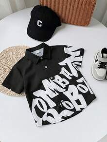 SHEIN 1件男童夏季休閒字母滿版印花翻領短袖襯衫，梭織寬鬆開襟街頭風，適合度假假期 - 彩色 - 查看 7