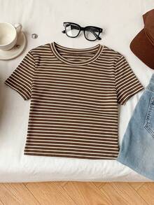 Comfortcana Camisetas de punto elásticas de manga corta a rayas en marrón y beige, cómodas para todo - Multicolor - Ver 3