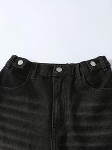 Quần jean denim dáng suông màu đen và xám dành cho nữ tuổi teen, đa năng, thời trang, thoải mái, phong cách retro, cạp chun, họa tiết râu mèo độc đáo. - Rửa trung bình - Xem 5