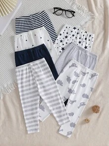 SHEIN Playful Pals 7件套随机混搭婴儿男女通用条纹、星星、花卉、纯色、几何、恐龙图案印花裤，日常穿着组合装 - 彩色 - 查看 2