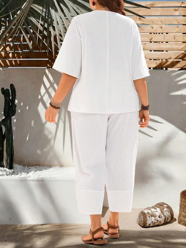 2pc Set Plus Size Women's Summer Casual Vacation Country Solid Color All-White V-Neck Blouse Top Shirt  And Pants Casual Set With Pockets,Suitable For Summer Vacation,Casual Holiday Style,Summer Outfits For Women ,Vacation Outfits Women ,Holiday Outfits For Women,Going Out Outfits, New Clothes,Simple And Fashionable For Everyday Wear,Suitable For Summer, Vacation, Daily Wear, Festival Outfits For Women,Country Concert Outfit,Beach Outfits For Women,Western Style,Gifts For Mother,Boho White Set,Modest Two Piece Set, Plus Size Summer Sets,Plus Size Pants Set,Boho Set,Boho Pants Set For Women,Wide Leg Pants Set,2 Piece Casual Sets Woman,Two Piece Set Women