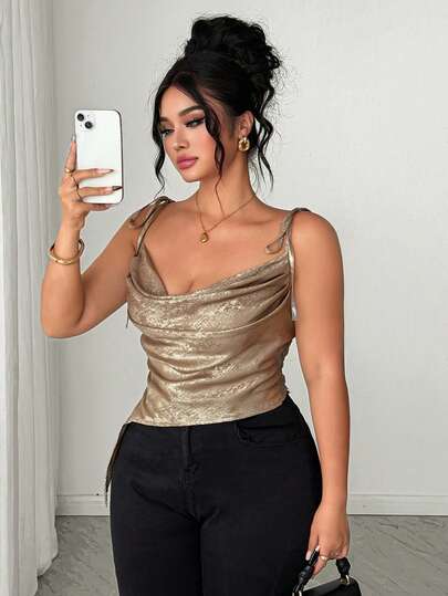 Elenzga Plus Size Women Elegant Fitted Plunging Neck Luxurious Spring/Summer Camisole Top, Party Top, Asymmetric Top