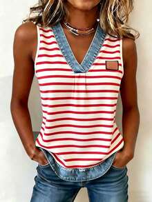 EMERY ROSE Women's Casual Versatile Striped Denim Effect Print Top - Multicolor - View 3