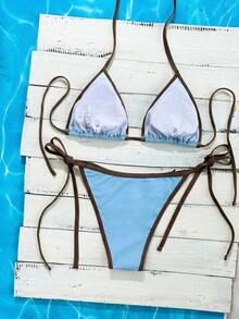 SHEIN Swim Vcay Women's Summer Beach Contrast Color Halter Tie Sexy Bikini Swimsuit Set - Multicolor - View 3