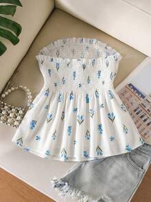 CosyJoli Plus Size Women Floral Print Tube Top Casual Top - Blue and White - View 2