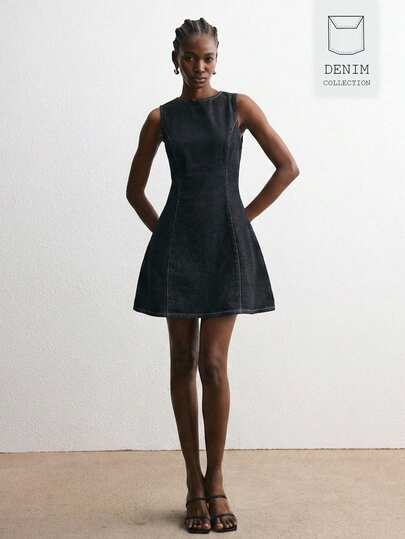ATUI Studio Damen Einfarbiges Rundhals Casual Ärmelloses Denim Kleid