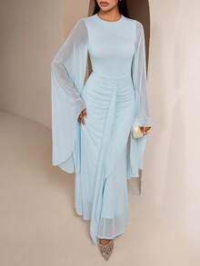 Veilorie Women's Elegant Pleated Drape Dress, Suitable For Dates And Formal Occasions - Blue - View 5