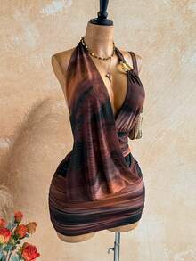 Soleia Vestido mini sexy con cuello halter plisado con estampado de teñido anudado, para vacaciones - Multicolor - Ver 7