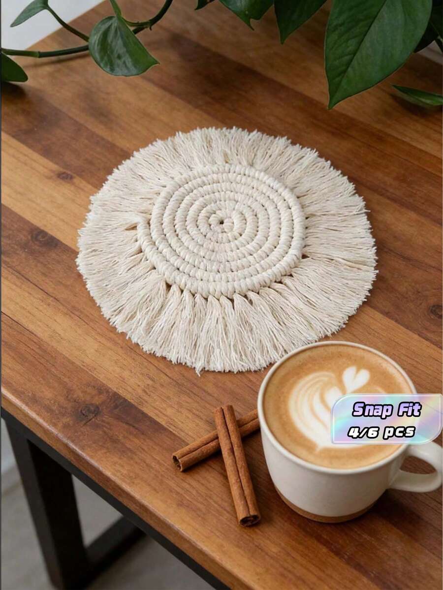 北欧风手工编织棉绳咖啡杯垫 DIY隔热垫 Ins装饰摄影背景装饰 - 白色 - 查看 1