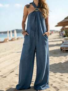 SHEIN PariChic Bộ jumpsuit nữ dáng rộng ống rộng, cổ yếm, chất liệu giả vải lanh, kiểu dáng nghỉ mát. - Màu xanh lam - Xem 1